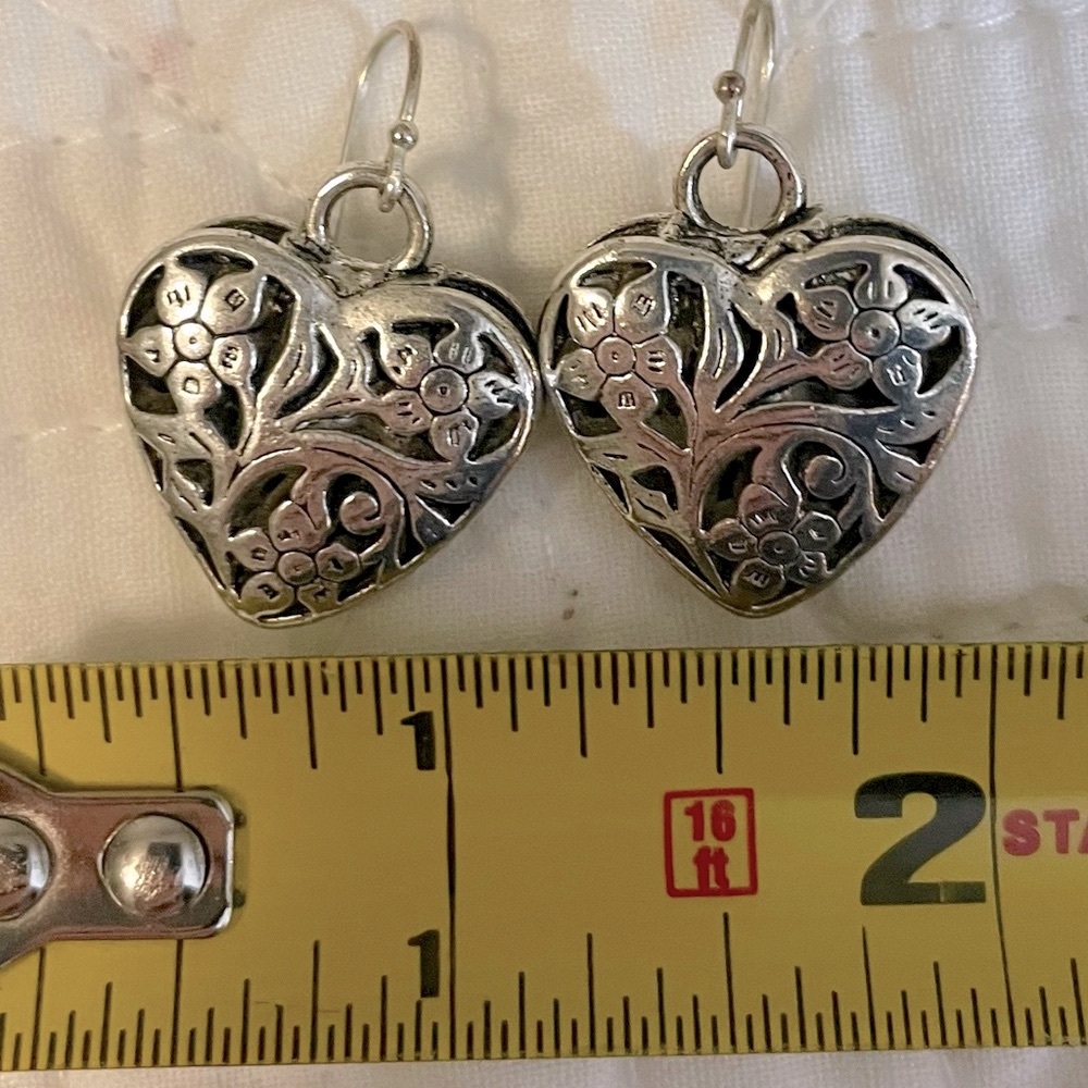 Silver Valentine ❤️Heart Floral Charm Earrings marked 925